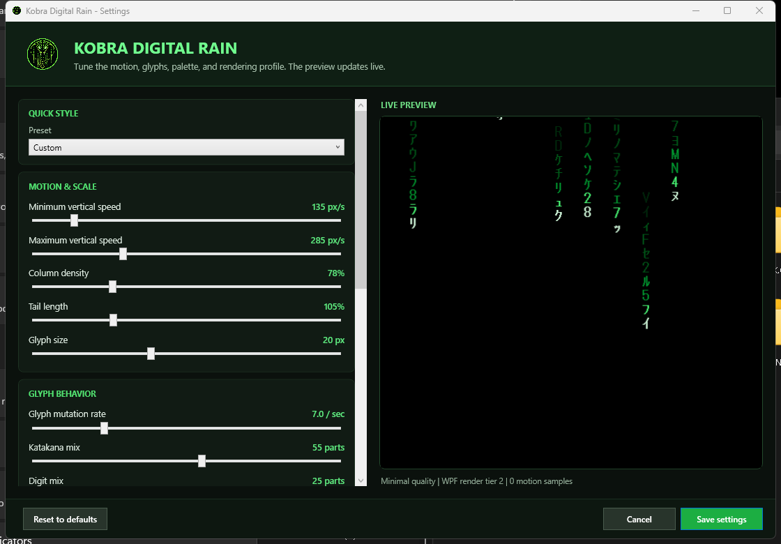 Kobra Digital Rain Screen Saver for Windows